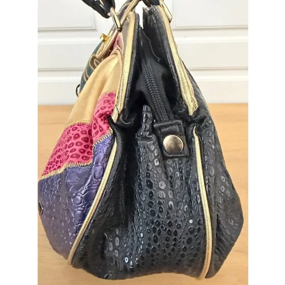 Vintage 80's NAS Bag Multicolor Faux Leather Patchwork Handbag Purse